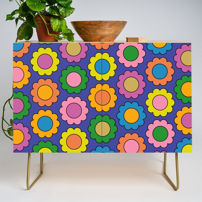 Colorful Happy Flowers Cheerful Retro Pattern on Blue Credenza Gallery Image 1