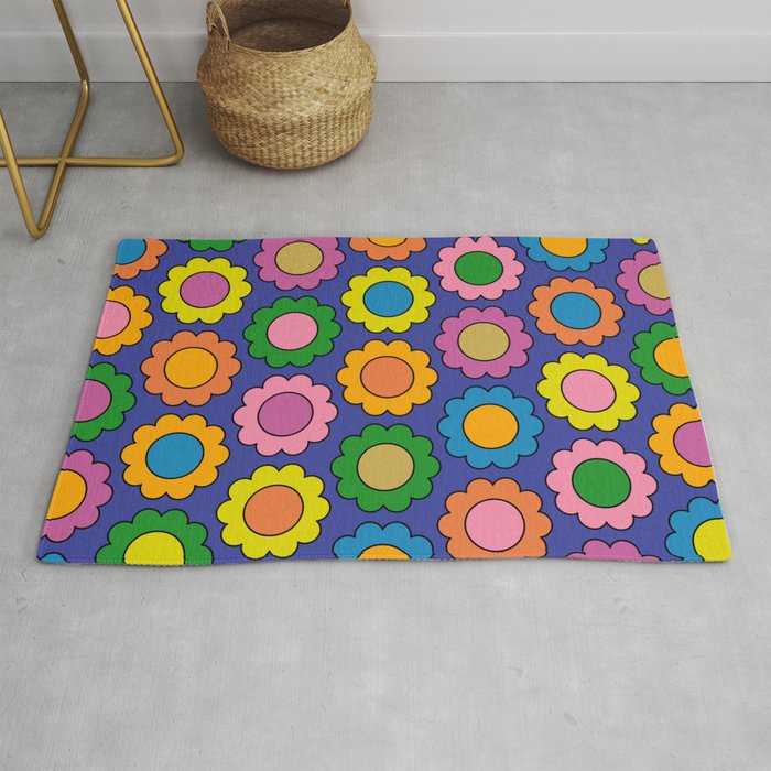 Colorful Happy Flowers Cheerful Retro Pattern on Blue Rug Gallery Image 1