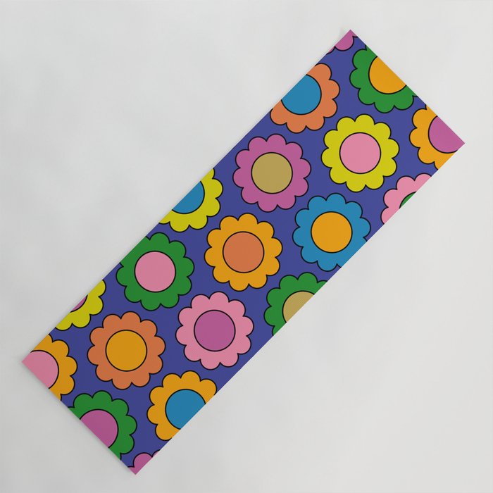 Colorful Happy Flowers Cheerful Retro Pattern on Blue Yoga Mat Gallery Image 1