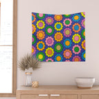 Colorful Happy Flowers Cheerful Retro Pattern on Blue Wall Tapestry Gallery Image 2