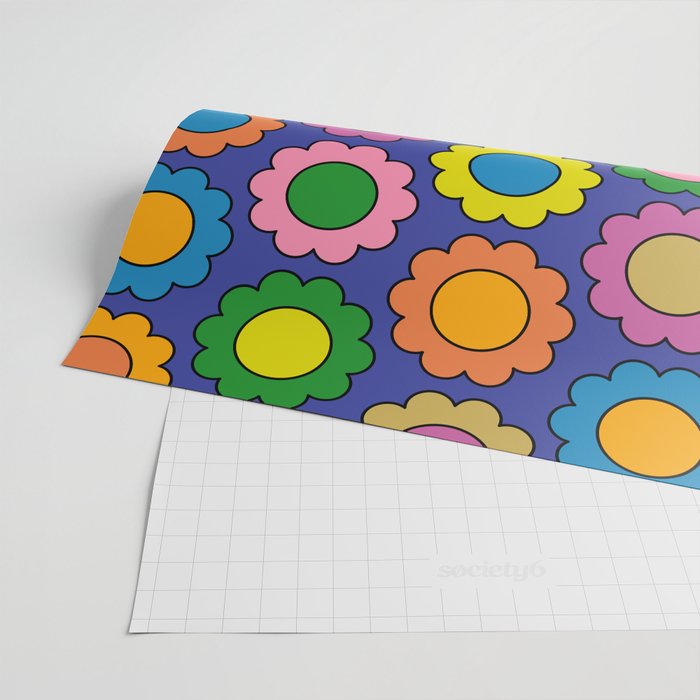 Colorful Happy Flowers Cheerful Retro Pattern on Blue Wrapping Paper Gallery Image 2