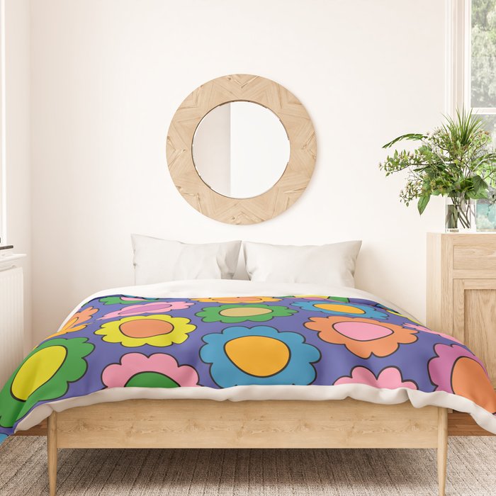 Colorful Happy Flowers Cheerful Retro Pattern on Blue Duvet Cover Gallery Image 3