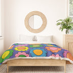Colorful Happy Flowers Cheerful Retro Pattern on Blue Duvet Cover Gallery Image 3