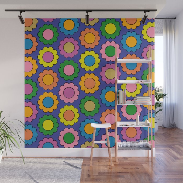 Colorful Happy Flowers Cheerful Retro Pattern on Blue Wall Mural Gallery Image 1