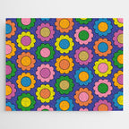 Colorful Happy Flowers Cheerful Retro Pattern on Blue Jigsaw Puzzle Gallery Image 1