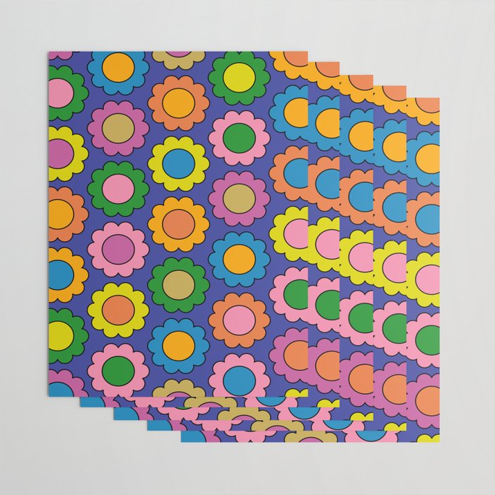 Colorful Happy Flowers Cheerful Retro Pattern on Blue Wrapping Paper Gallery Image 3