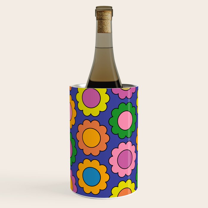 Colorful Happy Flowers Cheerful Retro Pattern on Blue Wine Chiller Gallery Image 2