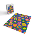 Colorful Happy Flowers Cheerful Retro Pattern on Blue Jigsaw Puzzle Gallery Image 2