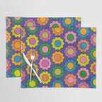 Colorful Happy Flowers Cheerful Retro Pattern on Blue Placemat Gallery Image 1