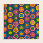 Colorful Happy Flowers Cheerful Retro Pattern on Blue Wood Wall Art Gallery Image 1