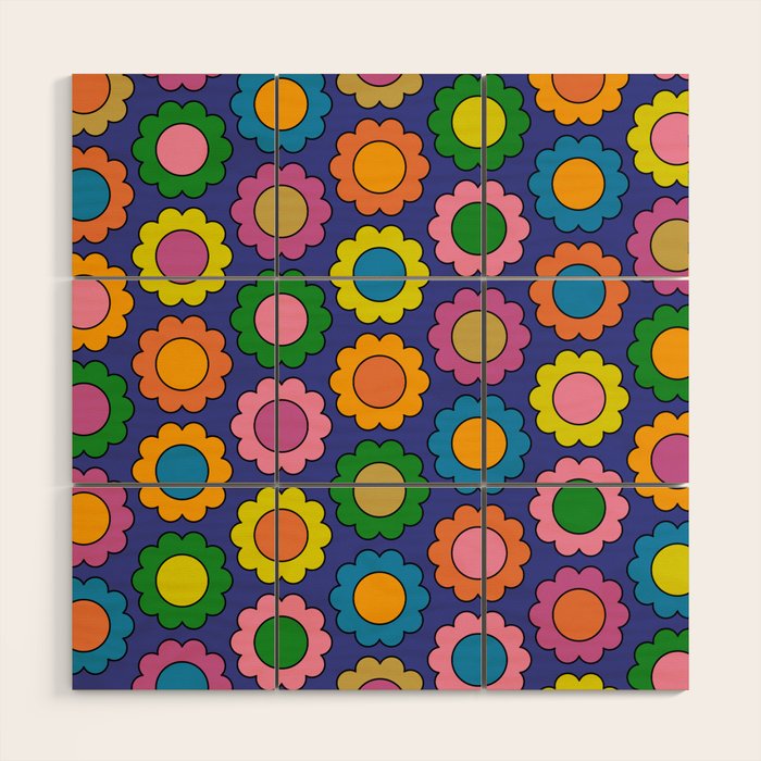 Colorful Happy Flowers Cheerful Retro Pattern on Blue Wood Wall Art Gallery Image 1