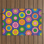 Colorful Happy Flowers Cheerful Retro Pattern on Blue Outdoor Rug Gallery Image 1