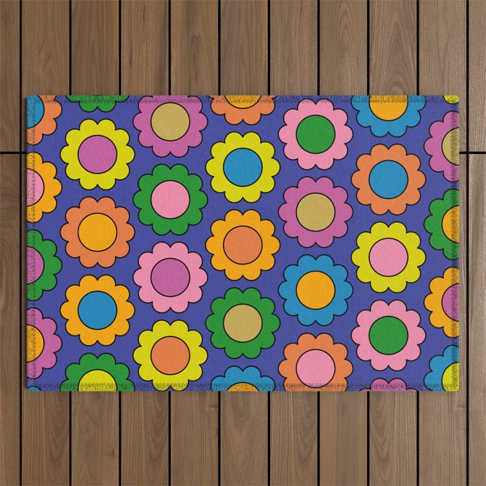 Colorful Happy Flowers Cheerful Retro Pattern on Blue Outdoor Rug Gallery Image 1