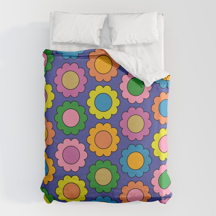 Colorful Happy Flowers Cheerful Retro Pattern on Blue Duvet Cover Gallery Image 6