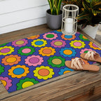 Colorful Happy Flowers Cheerful Retro Pattern on Blue Outdoor Rug Gallery Image 2