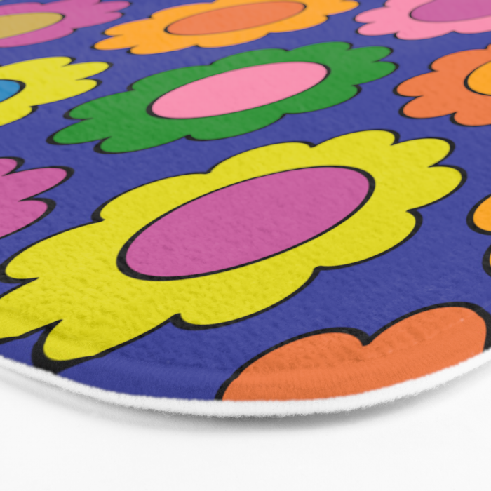 Colorful Happy Flowers Cheerful Retro Pattern on Blue Bath Mat Gallery Image 3