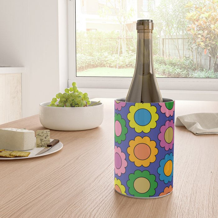 Colorful Happy Flowers Cheerful Retro Pattern on Blue Wine Chiller Gallery Image 4