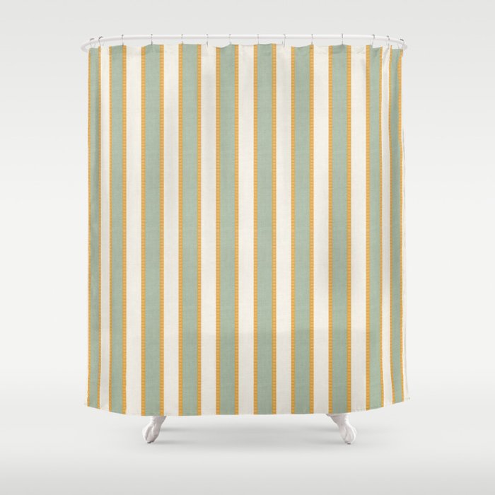 Vintage Cabana Stripe Sage Mint Green And Gold Retro Boho Coastal Beach Vibe Shower Curtain Gallery Image 1