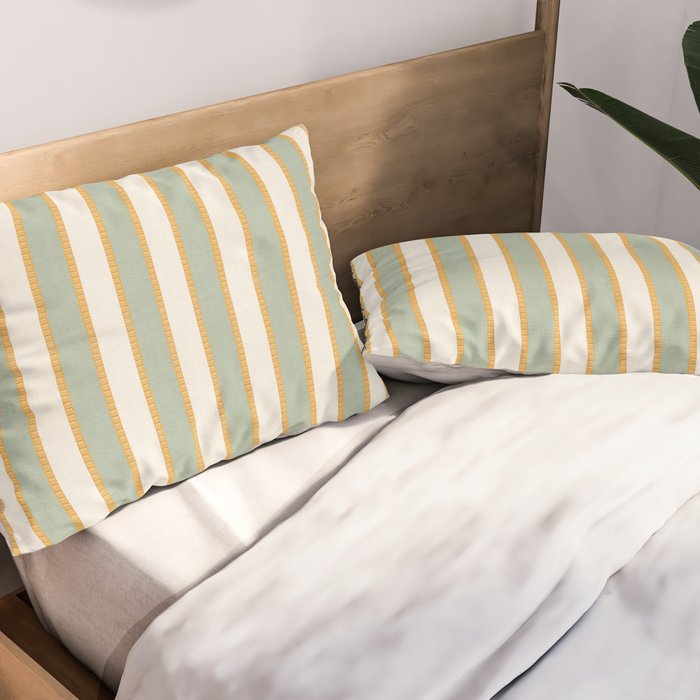 Vintage Cabana Stripe Sage Mint Green And Gold Retro Boho Coastal Beach Vibe Pillow Sham Gallery Image 2