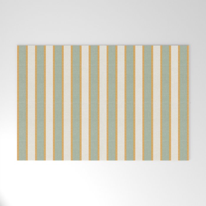 Vintage Cabana Stripe Sage Mint Green And Gold Retro Boho Coastal Beach Vibe Welcome Mat Gallery Image 1