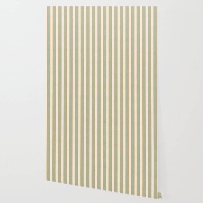 Vintage Cabana Stripe Sage Mint Green And Gold Retro Boho Coastal Beach Vibe Wallpaper Gallery Image 2