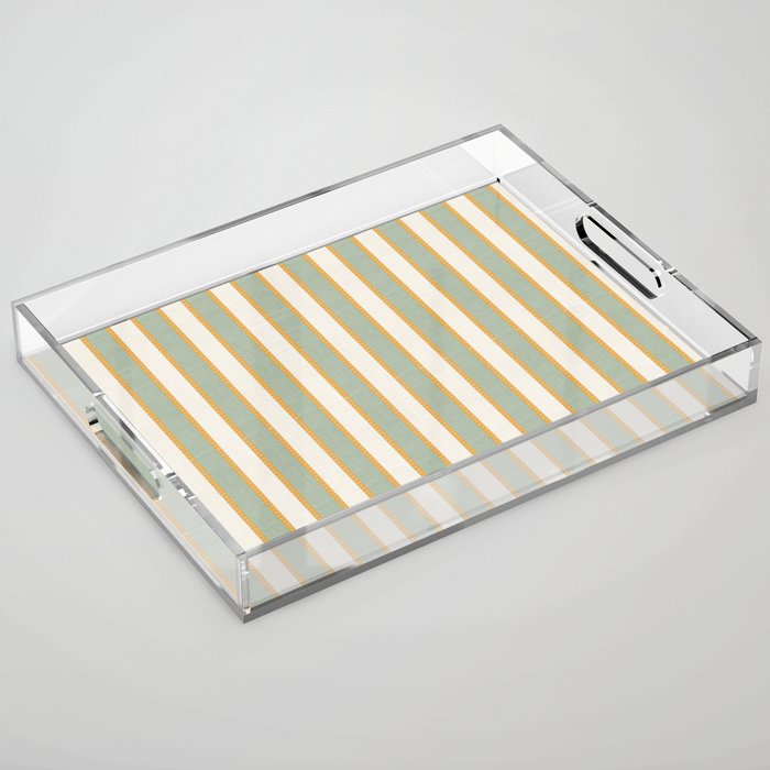 Vintage Cabana Stripe Sage Mint Green And Gold Retro Boho Coastal Beach Vibe Acrylic Tray Gallery Image 1