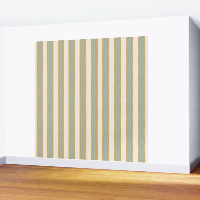 Vintage Cabana Stripe Sage Mint Green And Gold Retro Boho Coastal Beach Vibe Wall Mural Gallery Image 2