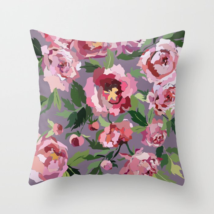 Happy peony lilac background Throw Pillow Gallery Image 1