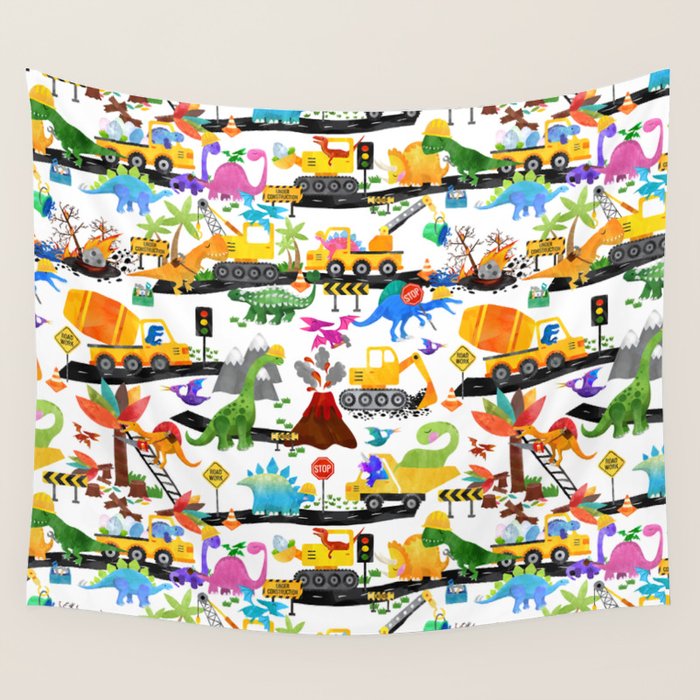 Watercolor Dinosaur Construction Crew Wall Tapestry Gallery Image 4