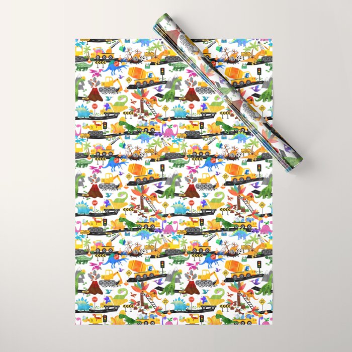 Watercolor Dinosaur Construction Crew Wrapping Paper Gallery Image 1