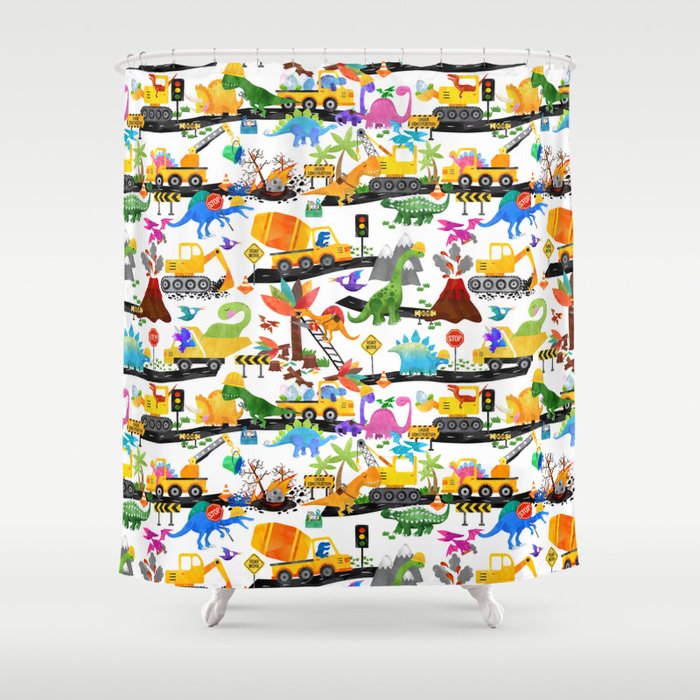 Watercolor Dinosaur Construction Crew Shower Curtain Gallery Image 1