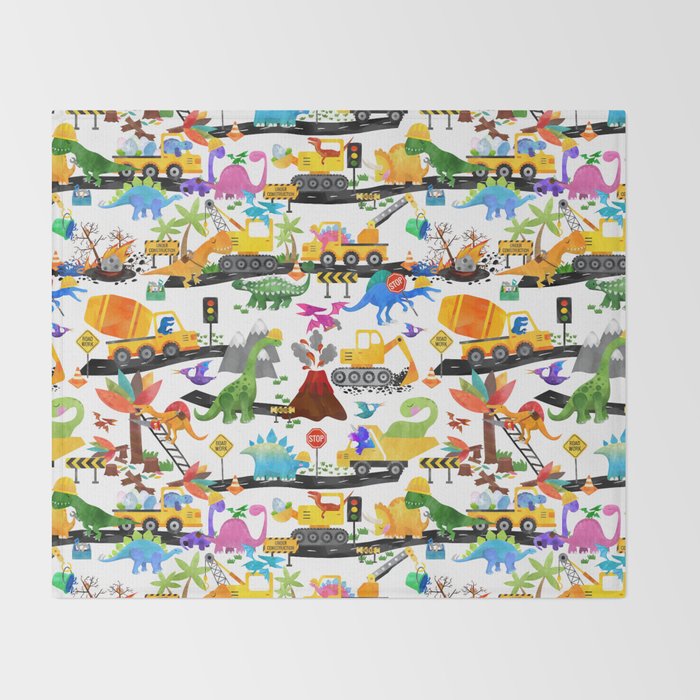 Watercolor Dinosaur Construction Crew Throw Blanket Gallery Image 2