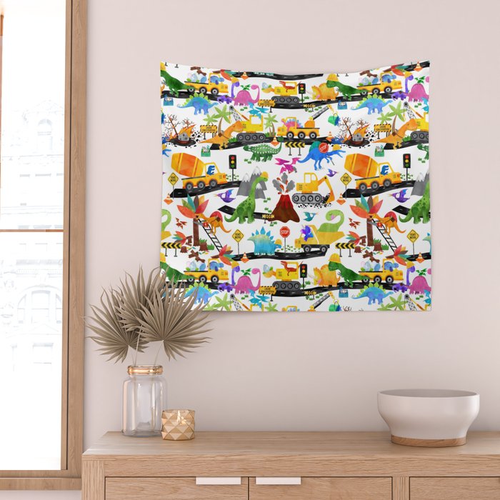 Watercolor Dinosaur Construction Crew Wall Tapestry Gallery Image 2