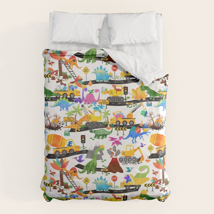 Watercolor Dinosaur Construction Crew Duvet Cover