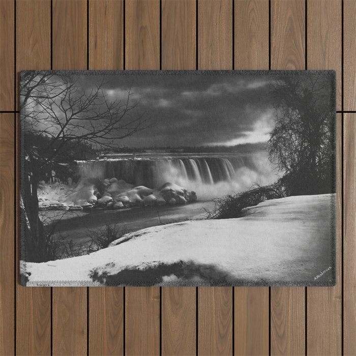 Niagara Falls, dark winter night after snowfall black and white photograph  by Alexander Henderson Outdoor Rug Gallery Image 1