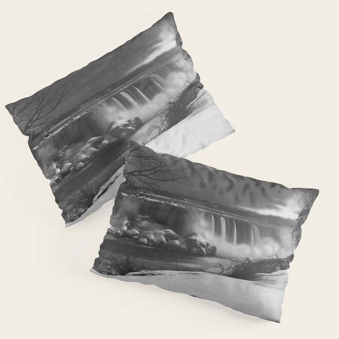 Niagara Falls, dark winter night after snowfall black and white photograph  by Alexander Henderson Pillow Sham Gallery Image 1