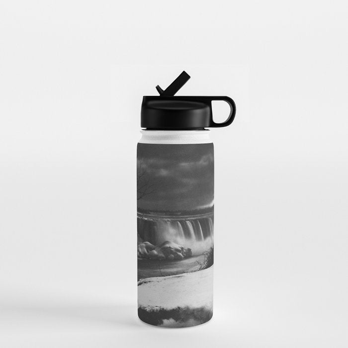 Niagara Falls, dark winter night after snowfall black and white photograph  by Alexander Henderson Water Bottle Gallery Image 1