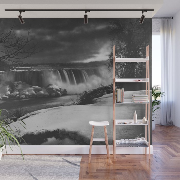 Niagara Falls, dark winter night after snowfall black and white photograph  by Alexander Henderson Wall Mural Gallery Image 1