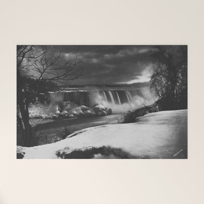 Niagara Falls, dark winter night after snowfall black and white photograph  by Alexander Henderson Welcome Mat Gallery Image 1