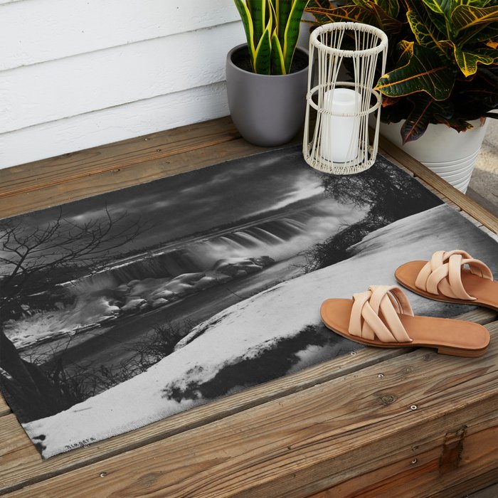 Niagara Falls, dark winter night after snowfall black and white photograph  by Alexander Henderson Outdoor Rug Gallery Image 2