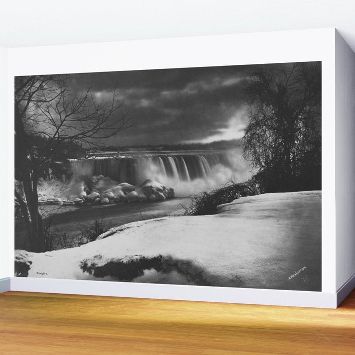 Niagara Falls, dark winter night after snowfall black and white photograph  by Alexander Henderson Wall Mural Gallery Image 2
