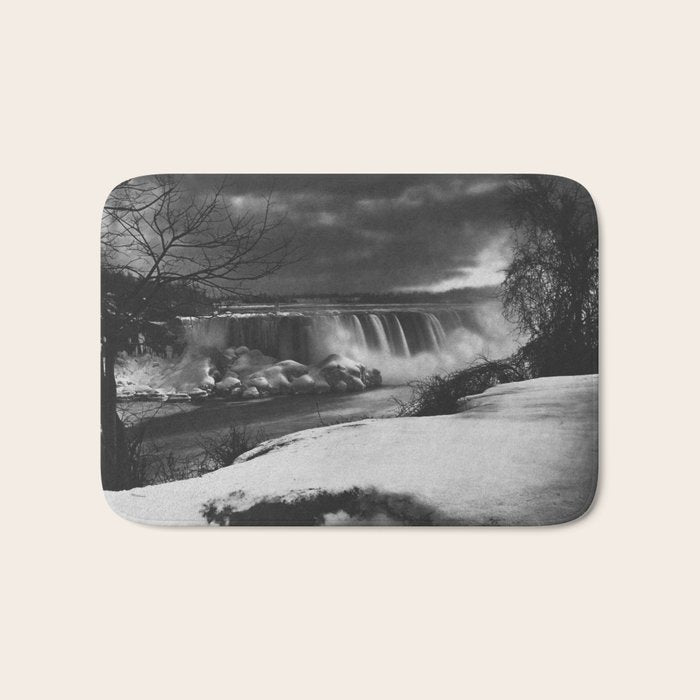 Niagara Falls, dark winter night after snowfall black and white photograph  by Alexander Henderson Bath Mat Gallery Image 1