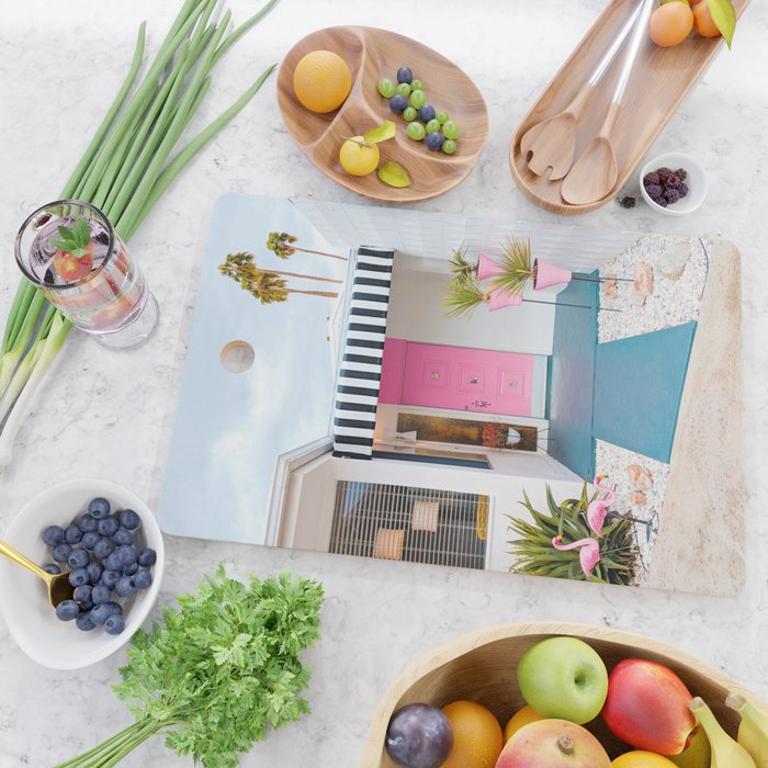 Cute Pink Door with Yard Flamingos in Palm Springs Cutting Board Gallery Image 2