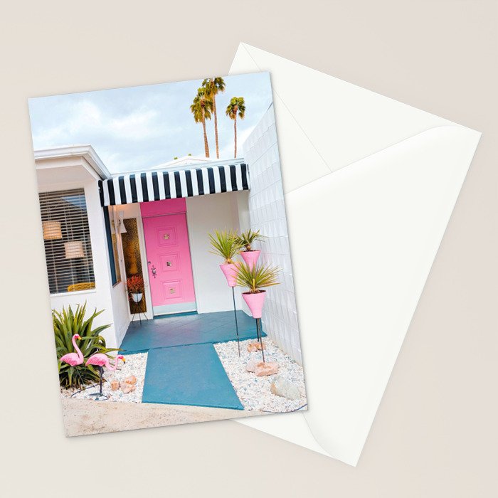 Cute Pink Door with Yard Flamingos in Palm Springs Stationery Card Gallery Image 2