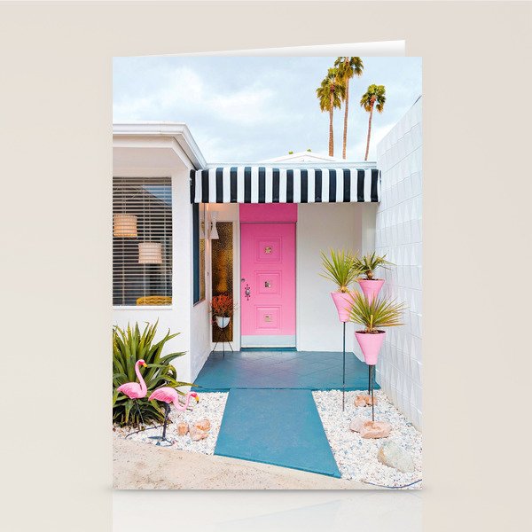 Cute Pink Door with Yard Flamingos in Palm Springs Stationery Card Gallery Image 1