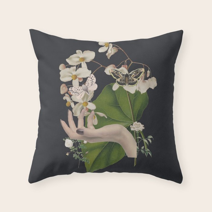 Minimal Collage/ Hand, Plants and Butterflies 6 Throw Pillow Gallery Image 1