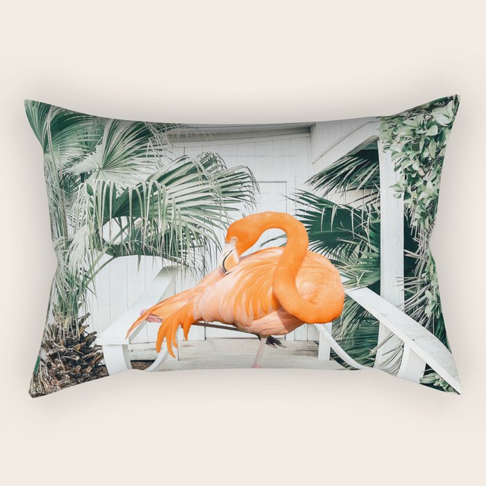 Flamingo Beach House, Wildlife Architecture Jungle Photography, Eclectic Birds Digital Art Rectangular Pillow Gallery Image 2