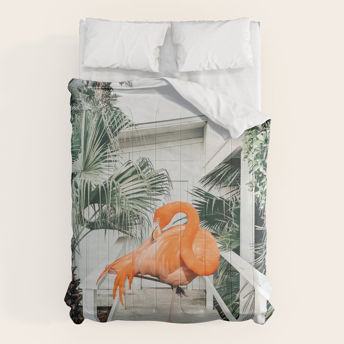Flamingo Beach House, Wildlife Architecture Jungle Photography, Eclectic Birds Digital Art Comforter Gallery Image 1