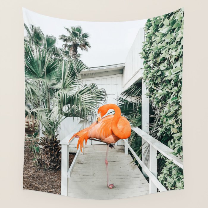 Flamingo Beach House, Wildlife Architecture Jungle Photography, Eclectic Birds Digital Art Wall Tapestry Gallery Image 4