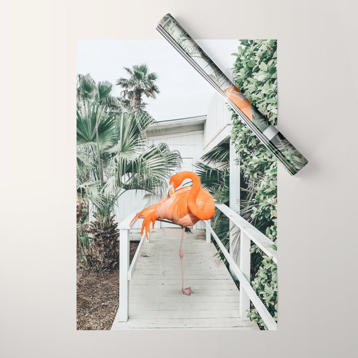 Flamingo Beach House, Wildlife Architecture Jungle Photography, Eclectic Birds Digital Art Wrapping Paper Gallery Image 1